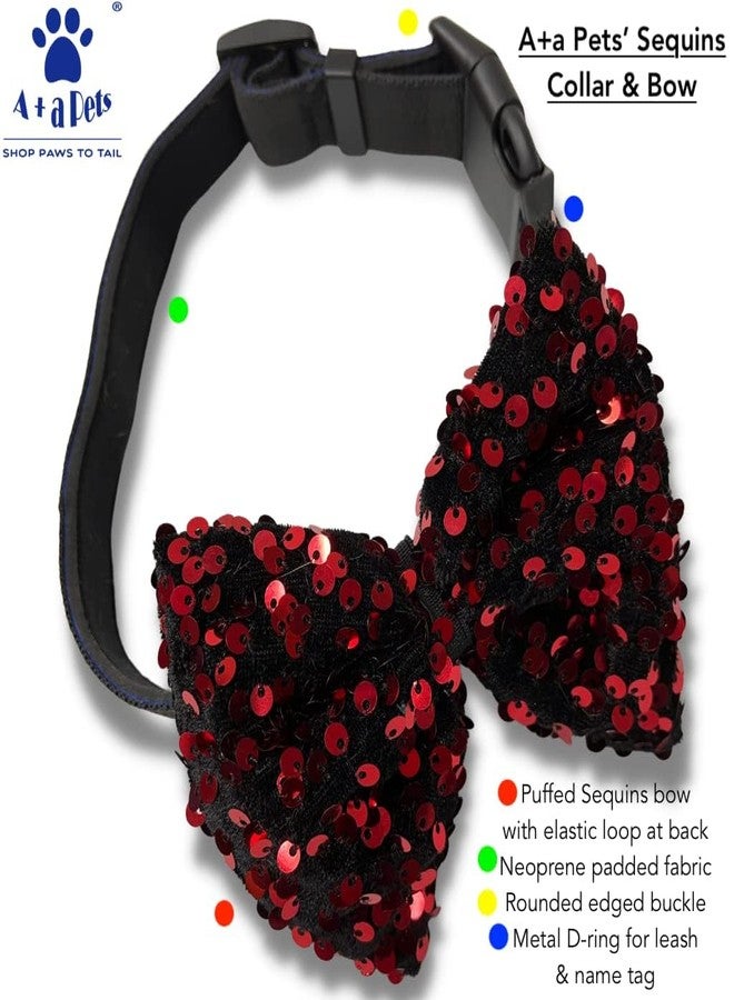 A+A Pets' Sequins Collar & Bow Tie Set for Dogs and Cats (S/M, Red (Set of 2)) - Image 2